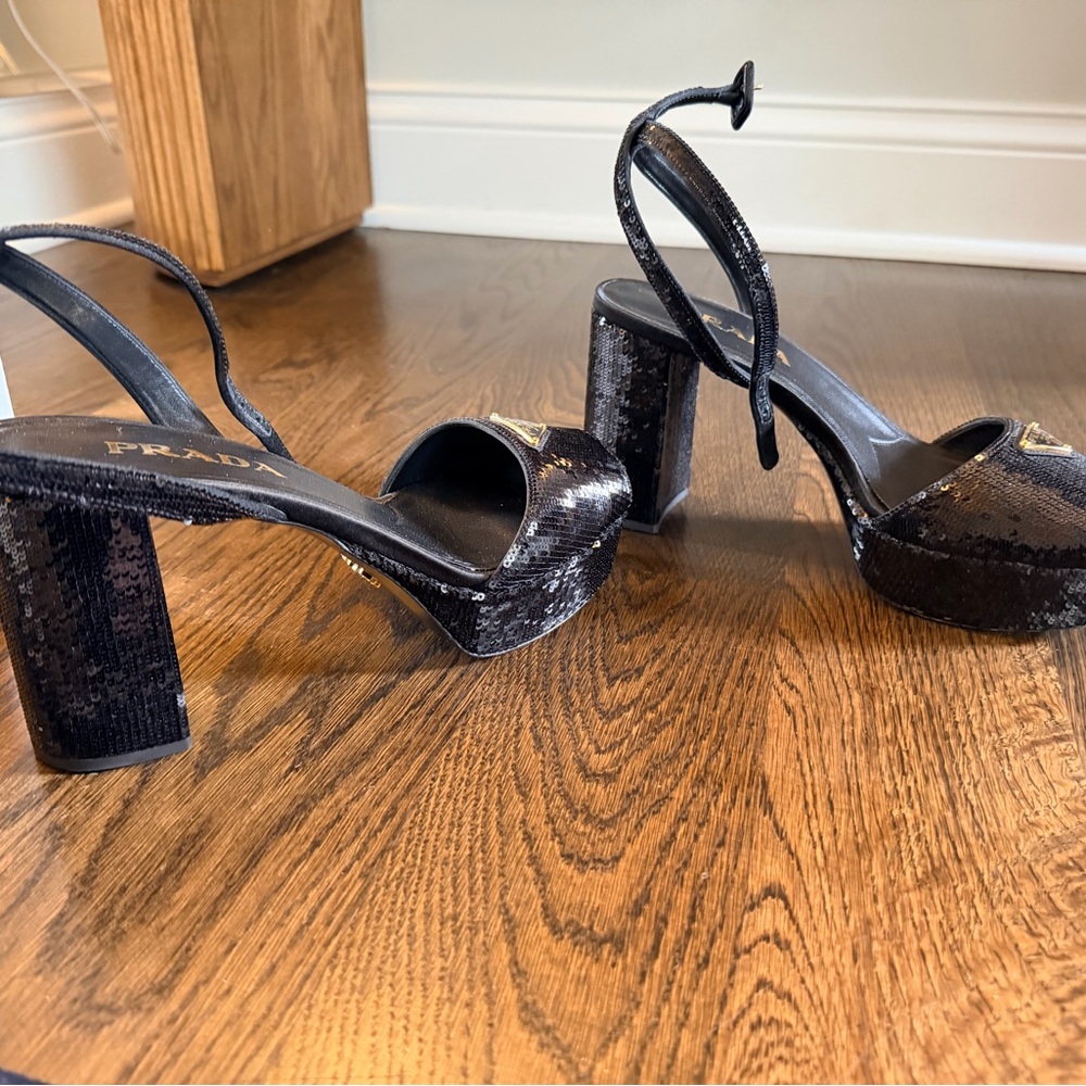 Prada Black Sequin Slingback Heels with Gold Logo Plaque - Picture 3 of 6